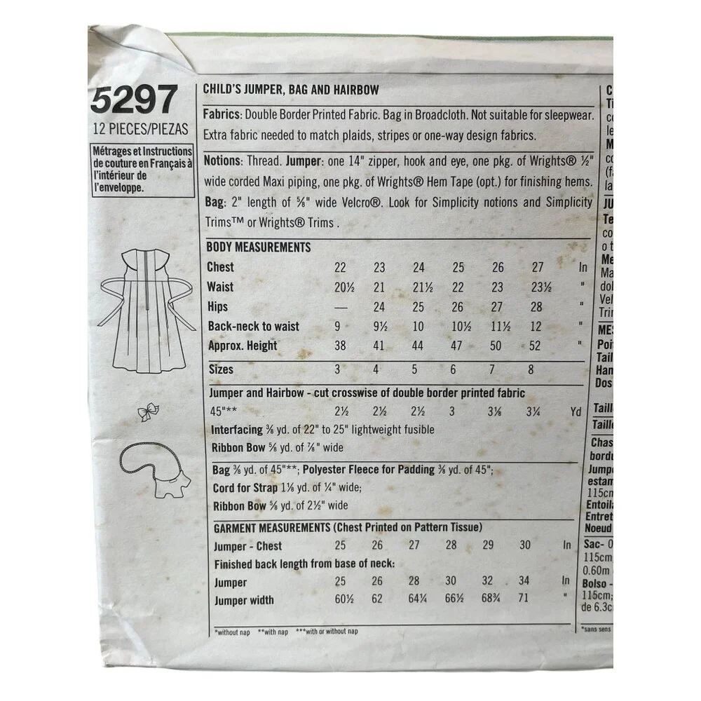 Simplicity Sewing Pattern 5297 Childs‎ Jumper Bag & Hairbow Sizes 5-8
